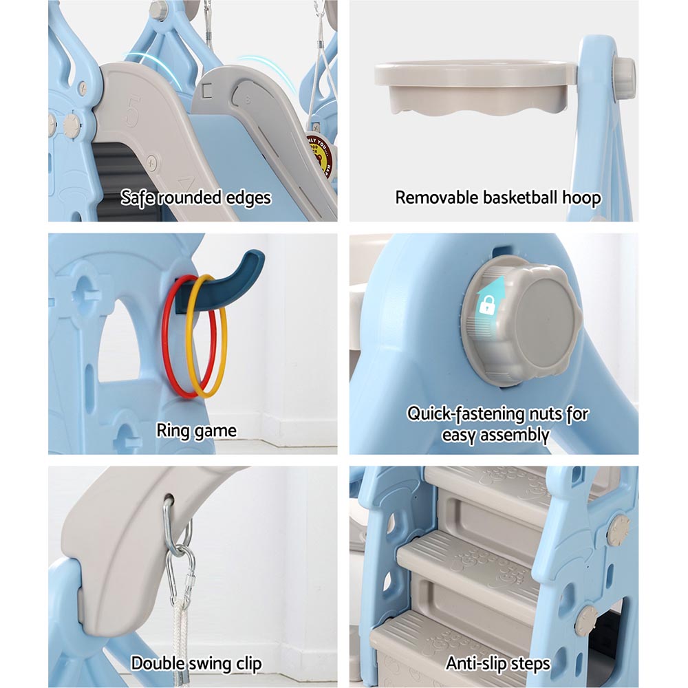 Kids slide and swing set with basketball hoop - Blue/Grey