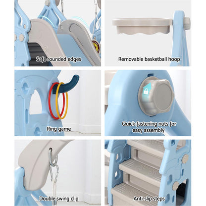 Kids slide and swing set with basketball hoop - Blue/Grey