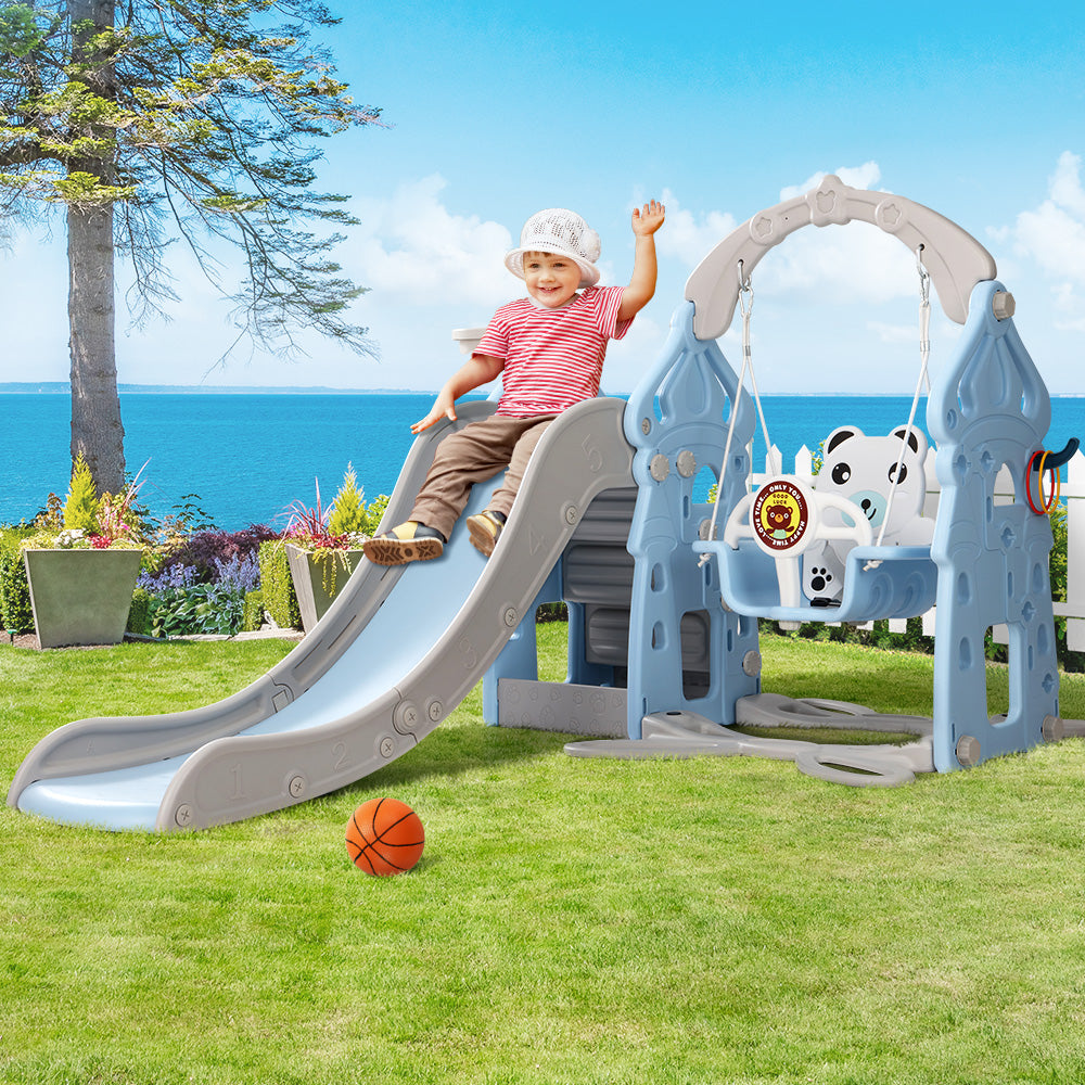 Kids slide and swing set with basketball hoop - Blue/Grey