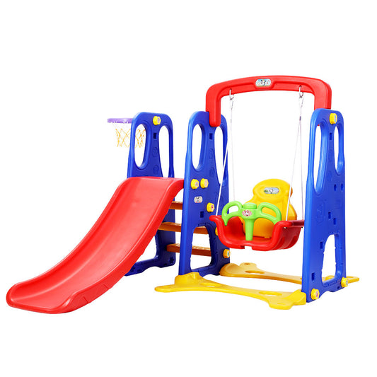 Kids slide and swing set with basketball hoop - Blue/Red