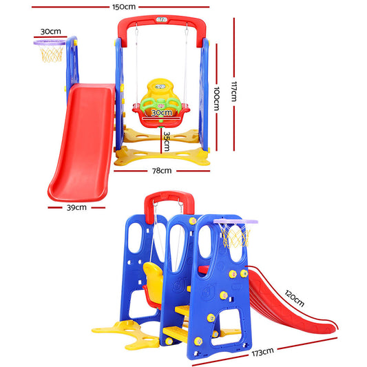 Kids slide and swing set with basketball hoop - Blue/Red