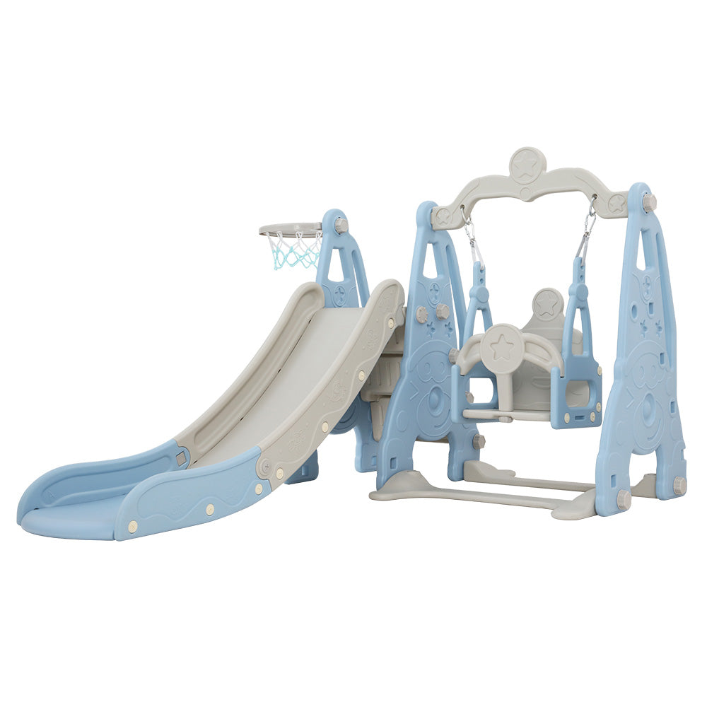 Kids slide and swing set with basketball hoop - Blue/Grey