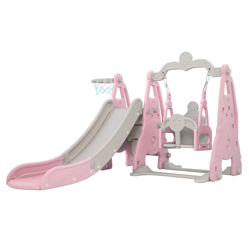 Kids slide and swing set with basketball hoop - Pink/Grey