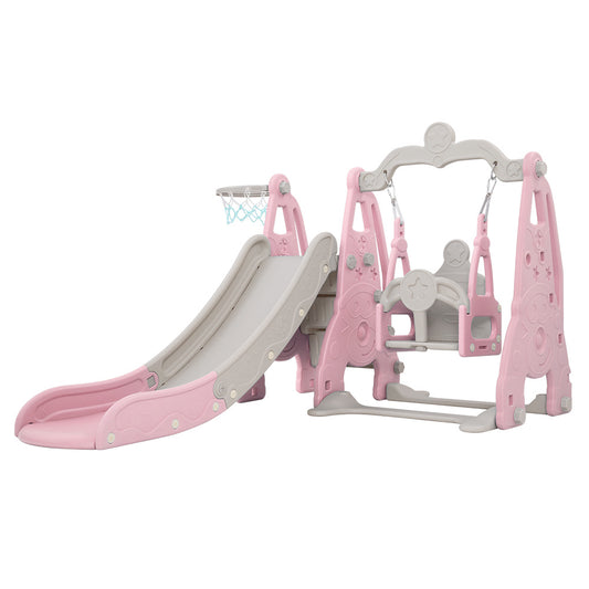 Kids slide and swing set with basketball hoop - Pink/Grey