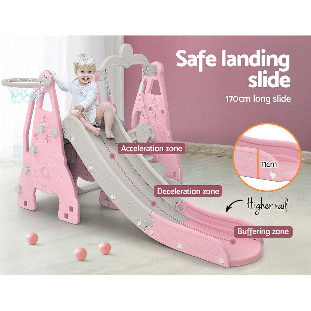 Kids slide and swing set with basketball hoop - Pink/Grey