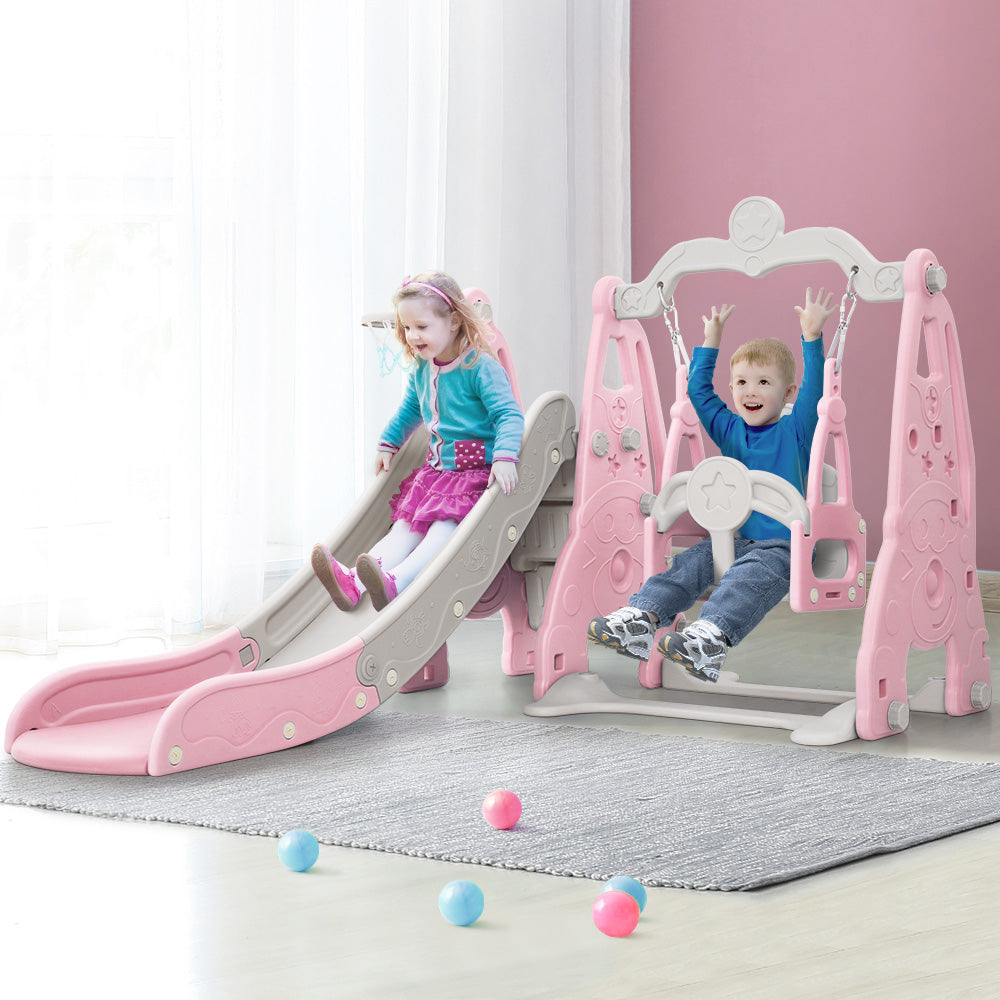 Kids slide and swing set with basketball hoop - Pink/Grey