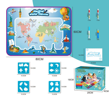 80x60CM World Map Theme Magic Water Doodle Mat Set