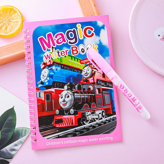 2 PCS Magic Water Colouring Book - Underwater Ocean and Train Themes with Refillable Water Pens