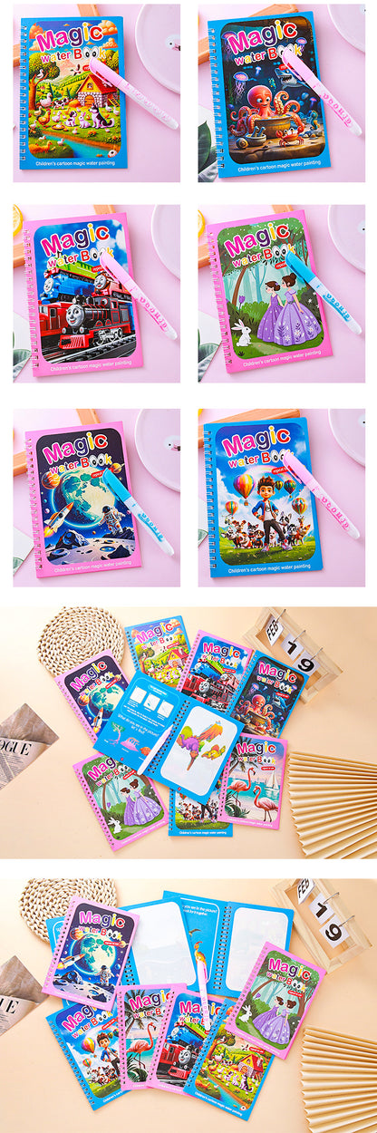 2 PCS Magic Water Colouring Book - Underwater Ocean and Train Themes with Refillable Water Pens