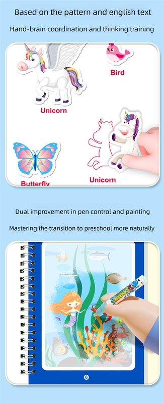 2 PCS Magic Water Colouring Book - Mermaid & Unicorn Themes Reusable Painting Activity Set