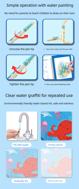 2 PCS Magic Water Colouring Book - Animals & Sea World Themes Reusable Painting Activity Set